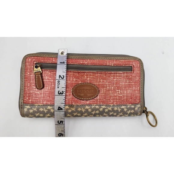 Fossil Long Live Vintage Long Wallet Red Checkered & Birds Zip Around PVC Coated - Picture 10 of 11